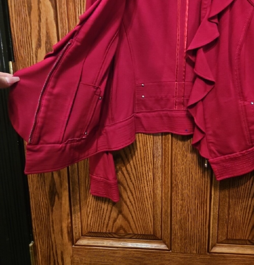 Sz 14 Raspberry Red Ruffled Open-Front Jacket - Picture 4 of 6
